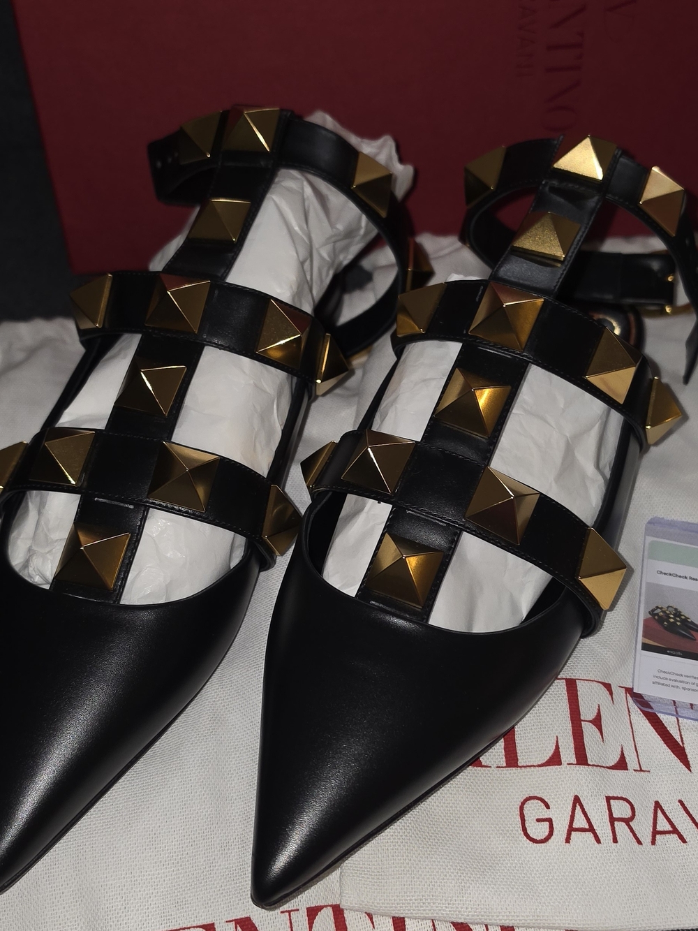 Valentino Black Leather Pointed Flats with Gold Pyramid Studs